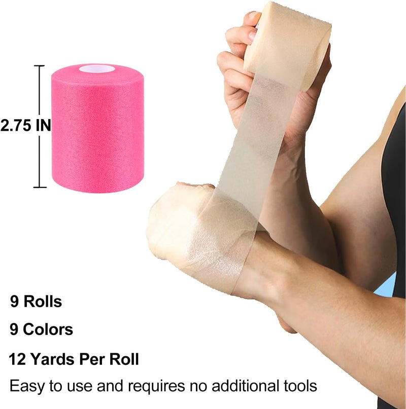 Clooflar 9 Pack Pre Wrap Athletic, 2.75 Inches X 12 Yards Multi-Color Prewrap Athletic Tape for Hair Soccer, Sports Pre Wrap Tape, Pre-Wrap Foam Underwrap Tape Ankles Wrists Hands Knees Elbows - Image 2